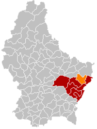 曼特纳赫在卢森堡地图上的位置，曼特纳赫为橙色，格雷文马赫县为深红色