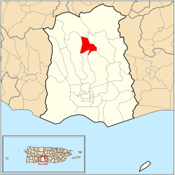 Location of barrio Montes Llanos within the municipality of Ponce shown in red