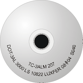 Diagram of a cylinder shoulder with stamp marking: TC3ALM 207 DOT-3AL 3000 LS 10822 LUXFER 08(testing authority stamp)04 S040