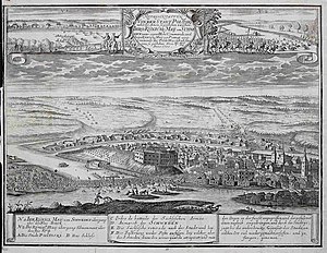 Battle of Pultusk, 1703. The Swedish army upper left, Saxon army upper right. The final battle at the bridge, low center.