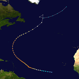 A map plotting the track and intensity of Hurricane Sam at 6-hour intervals during its September 22 – October 5, 2021 lifetime.