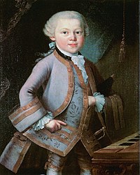 a child (Mozart) in formal embroidered 18th century costume, left hand thrust into his waistcoat. He looks directly out of the picture, although his body is turned towards the right.