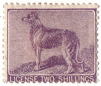 An Ireland revenue stamp with a picture of an Irish wolfhound