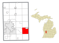 洛厄尔在肯特县及密歇根州的位置（以红色标示）