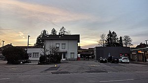 Two-story building with gabled roof