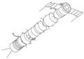 L1-1960 Sever was developed into the Soyuz-A and Soyuz-B design the Soyuz 7K-9K-11K circumlunar concept. The drawing shows Soyuz 7K (right), Soyuz 9K booster, and Soyuz 11K tanker with twin whip antennas (left).