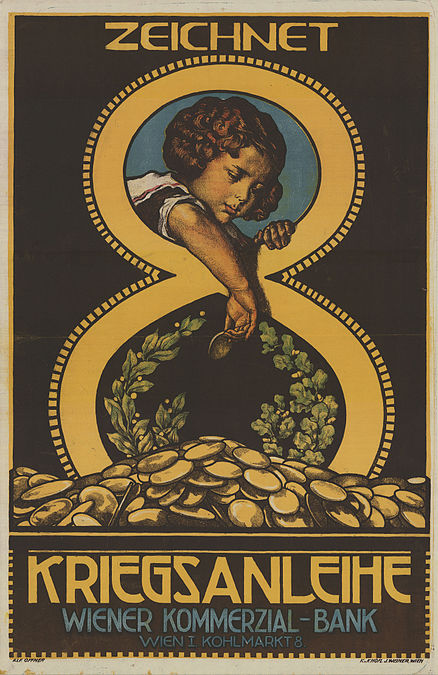 图为奥地利设计师阿尔弗莱德·奥夫纳（1879-1963）于1918年所绘的第8期战争债券认购海报。