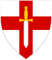 A white crusader sword, point down and with a golden hilt, on top of the red cross of St George. The entire emblem is within a white shield.