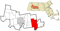 贝尔彻敦在汉普夏县及马萨诸塞州的位置（以红色标示）