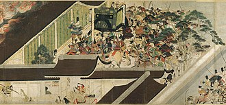 Horizontal wall in the foreground with warriors killing civilians at the bottom. In the background, a diagonal wall, a troop of warriors, a coach entering by a door of the wall. Flames appear at the top left.