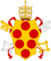 Pius IV (1559-1566), the third of the Medici popes, seems to have assumed the "unaugmented" coat of arms, ''Or, six balls in orle gules[25] Pius IV was of the Medici family of Melegnano, alleged branch of the Florentine Medici's. As such this Lombard-Milanese branch used the "unaugmented" arms of Medici until later period when they assumed the arms of ducal branch with the augmentation of France.