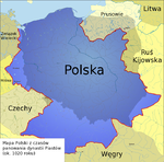 11世纪早期的地图，波兰与立陶宛之间隔着古普鲁士人与基辅罗斯。