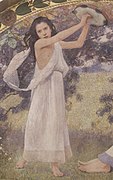Girl playing a tambourine. Detail from Recreation (1896), by Charles Sprague Pearce. Library of Congress Thomas Jefferson Building, Washington, D.C.