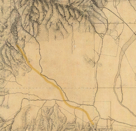 The Butterfield Overland Mail stagecoach route highlighted from Rancho Los Encinos (bottom) to the Santa Susana Pass (upper left), on 1880 manuscript map of the western San Fernando Valley.