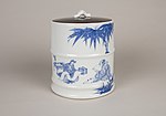 Chinese-inspired blue and white porcelain cold water jar (mizusashi), decorated with the Seven Sages of the Bamboo Grove. Hirado kilns, late 18th century. Metropolitan Museum of Art.