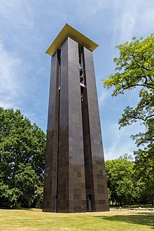 A brown, square tower