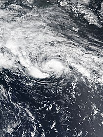 A satellite image of Tropical Storm Arlene located to the west of the Azores on April 20, 2017.