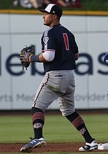 A baseball player in navy blue and gray
