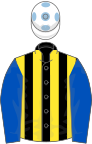 Black and yellow stripes, royal blue sleeves, white cap, light blue spots
