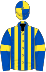 Yellow and royal blue stripes, royal blue sleeves, yellow armlets, quartered cap