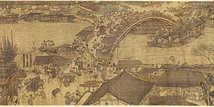 Detail of the original version of Along the River During the Qingming Festival attributed to Zhang Zeduan (1085–1145). Note that the picture switches back and forth between axonometric and perspective projection in different parts of the image.