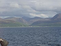 Catacol Bay showing the Glen Catacol, taken from the Lochranza-Claonig Ferry.