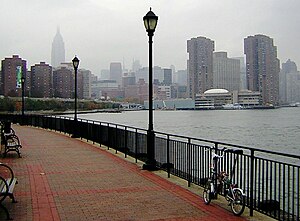 Looking north from Stuyvesant Cove Park on the East River to Waterside Plaza in Kips Bay on a drizzly day