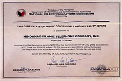 Certificate of Public Convenience and Necessity issued to the Mindanao Islamic Telephone Company, Inc. 8 July 2019