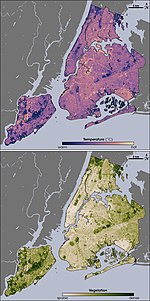 Thermal (top) and vegetation (bottom) locations around New York City via infrared satellite imagery. A comparison of the images shows that where vegetation is dense, temperatures are cooler.