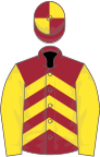 Maroon and yellow chevrons, yellow sleeves, quartered cap