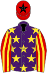 Purple, yellow stars, red and yellow striped sleeves, red cap, black star