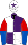 Purple and white (quartered), red and royal blue halved sleeves, white cap, purple star