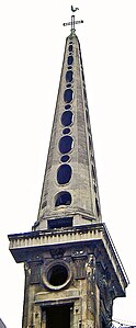 The spire is unusual, designed to allow the wind to pass through