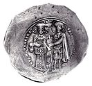 Electrum coin depicting Theodore (left) and his patron, St. Demetrius