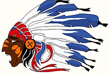 An image of an aviation unit's emblem, depicting a Native American with black hair and blue and white feathers behind them.