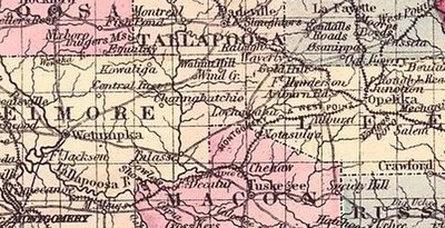 Map detail shows the Montgomery and West Point Railroad in 1876 in Alabama.