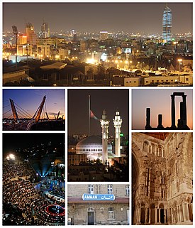 顺时钟方向依序：新阿布达利（英语：New_Abdali）的天际线、安曼城堡（英语：Amman_Citadel）上的海克力士神庙（英语：Temple_of_Hercules_(Amman)）、阿卜杜拉一世国王清真寺（英语：King_Abdullah_I_Mosque）、拉格丹旗杆（英语：Raghadan_Flagpole）、阿卜恩桥（英语：Abdoun_Bridge）、倭马亚宫（英语：Umayyad_Palace）、奥斯曼汉志火车站和安曼罗马剧院（英语：Roman_Theater_(Amman)）。