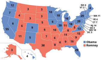 Presidential election results map. Blue denotes those won by Obama/Biden and red denotes states won by Romney/Paul. Numbers indicate electoral votes cast by each state and the District of Columbia.