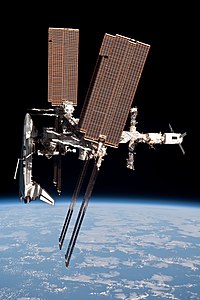 Space Shuttle Endeavour docked to the International Space Station, by NASA/Paolo Nespoli (edited by Mikael Häggström)