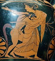 Detail of a red-figure amphora depicting a satyr assaulting a maenad, by Pamphaios (potter) and Oltos (painter), c. 520 BC, Louvre