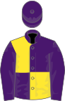 Purple and yellow quartered, purple sleeves, purple cap