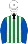 Green and white stripes, royal blue sleeves, white cap