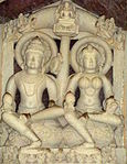 Image of King Nabhi and Mata Marudevi at Jain Museum, Khajuraho(alternatively identified as Sarvanubhuti & Kushmandini).[14]