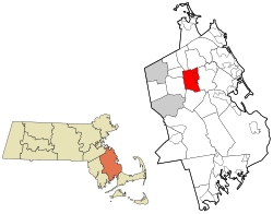汉森在普利茅斯县及马萨诸塞州的位置（以红色标示）
