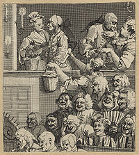 An etching by William Hogarth showing "The Laughing Audience" and a sour-faced critic, 1733.