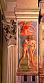 《逐出伊甸园》（1426年-1427年）。佛罗伦萨圣母圣衣圣殿布兰卡契小堂左侧墙壁上部左侧 。右图是经过清理复原的，证实遮羞的无花果叶是后人加上去的