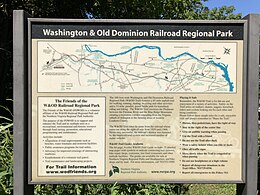 Marker at end of the W&OD Trail in Purcellville showing the trail's route (August 2018)
