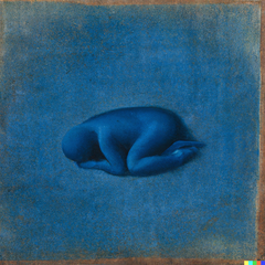 一个孤独的蓝色男子，以胎儿的姿态蜷缩在虚无中