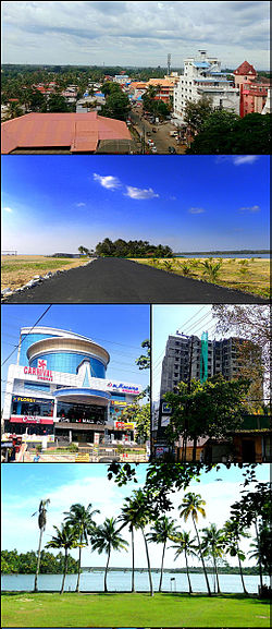 From top clockwise: Aerial view of Residency Road in Kollam city, Coastal Road in Paravur, A high-rise apartment building in Ramankulangara, Ashtamudi Lake view from Chavara, H&J Shopping Mall in Karunagappally