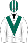 White, dark green chevron, white sleeves, white cap, dark green striped